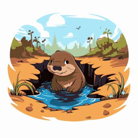 Cute otter in the pond. Vector illustration of a wild animal.