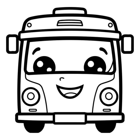 Outlined Bus with Cheerful Face Cartoon Character Vector Illustr