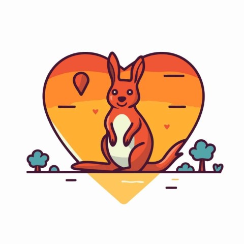 Cute kangaroo sitting on the heart. Vector illustration in thin