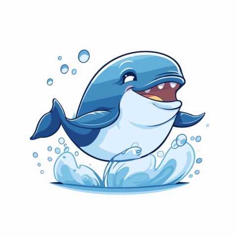 Cute cartoon whale in the ocean. Vector illustration isolated on