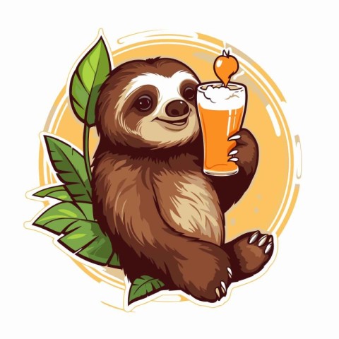 Sloth with a glass of beer and leaves. Vector illustration.