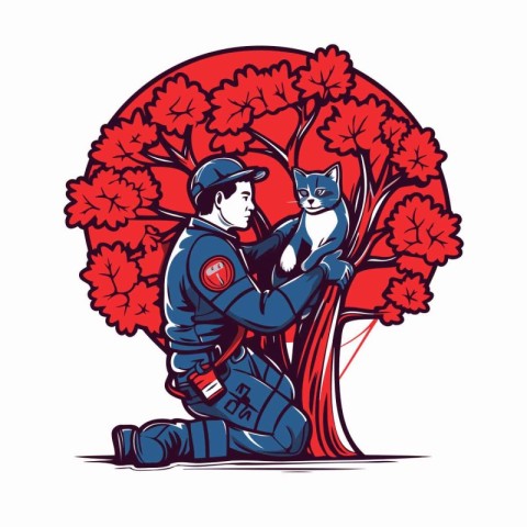 Policeman with cat and tree. Vector illustration in cartoon styl