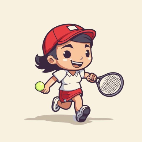 Cute Little Girl Playing Tennis Cartoon Vector Illustration. Ide