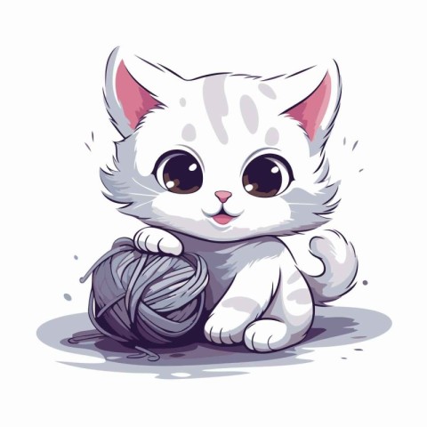 Cute cartoon cat playing with ball of yarn. Vector illustration.