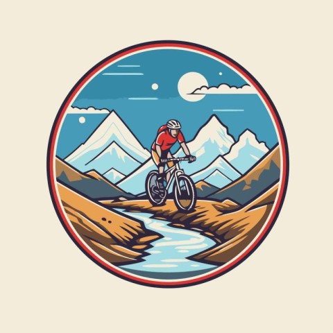 Mountain biker riding on mountain river. Vector illustration in