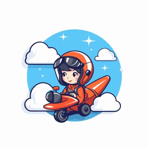 Cute little boy riding a motorbike in the sky. Vector illustrati