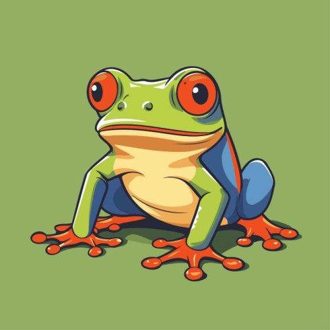 Frog cartoon character on green background. Vector illustration