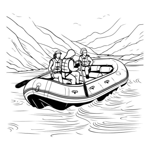 Rafting on the lake. Black and white vector illustration.