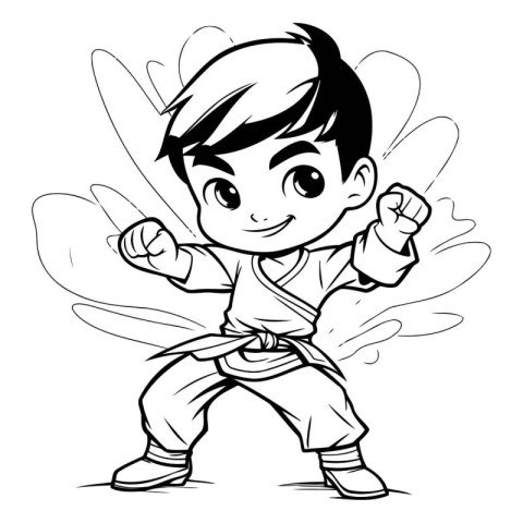 Cartoon Illustration of Kid Boy Kung fu Martial Art for Coloring