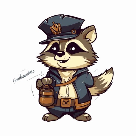 Raccoon in a police cap with a lantern. Vector illustration