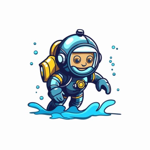 Cute cartoon scuba diver with helmet and goggles. Vector illustr