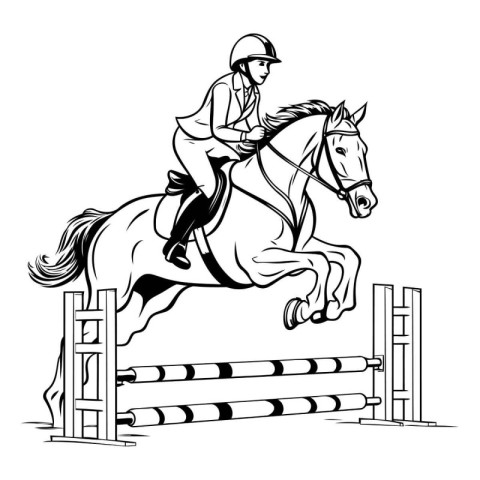 Jockey on horse jumping over obstacles. Vector illustration of e