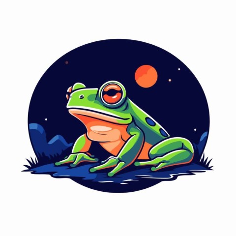 Frog sitting on the grass at night. Vector illustration in carto