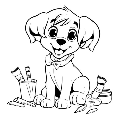 Black and White Cartoon Illustration of Cute Puppy Artist Charac