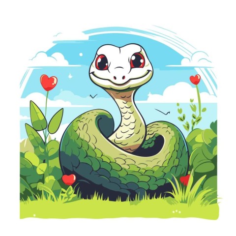 Cute cartoon snake in the garden. Vector illustration on white b