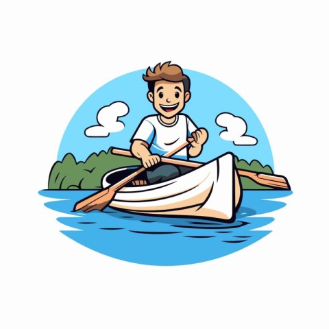 Man rowing a boat. Vector illustration in cartoon style on white