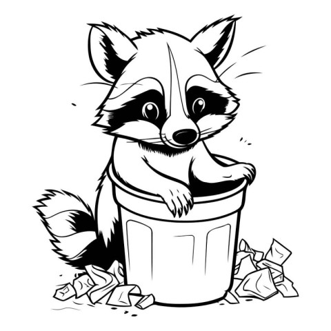 Cartoon raccoon in trash can. Black and white vector illustratio