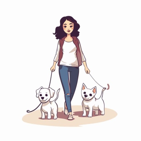 Young woman walking with her dogs. cartoon vector illustration i