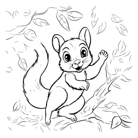 Squirrel in the forest. Black and white vector illustration for