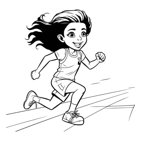 Black and White Cartoon Illustration of a Girl Running in a Park