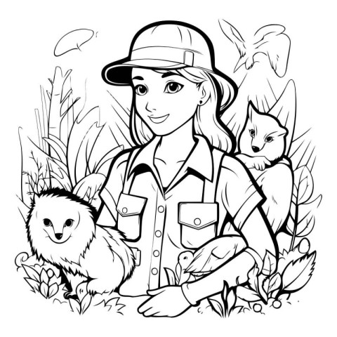 Black and White Cartoon Illustration of Female Gardener with Cut