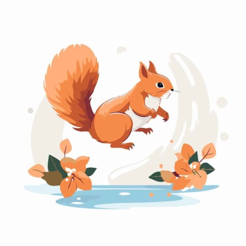 Squirrel in the rain. Cute cartoon character. Vector illustratio