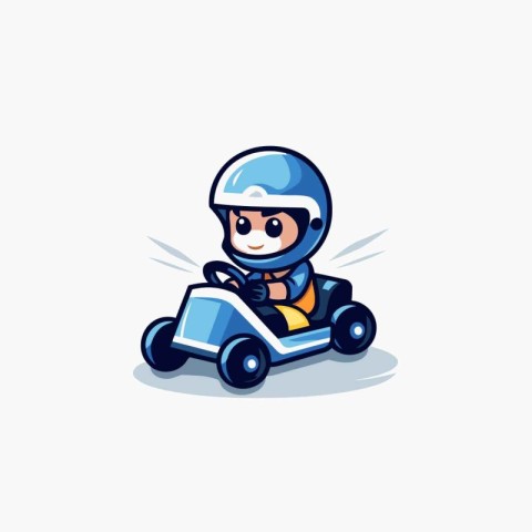 Cute boy driving a racing car. Vector illustration on white back