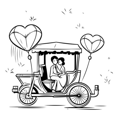 Vector illustration of a couple in love riding a trishaw.