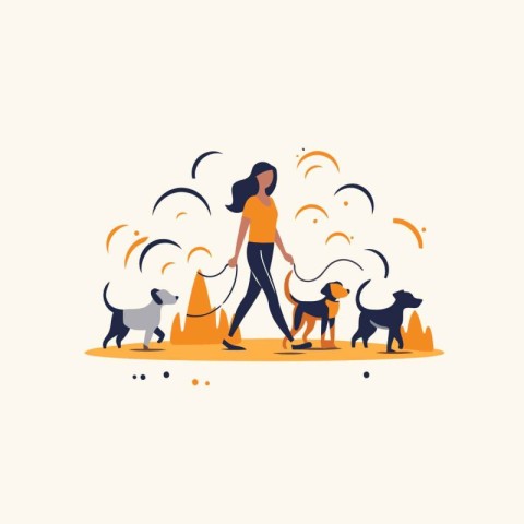 Vector illustration of a woman walking with her dogs in the park