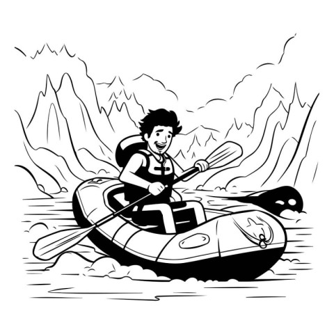 Man paddling in a kayak. black and white vector illustration