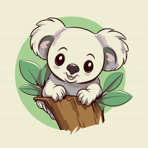 Cute koala sitting on a tree with green leaves. Vector illustrat