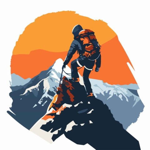 Hiker on the top of the mountain. Vector illustration in retro s