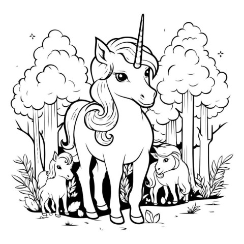 Unicorn and dog in the forest. Black and white vector illustrati