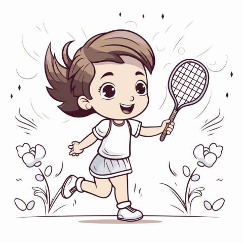 Cute little girl playing tennis. Vector illustration of a little