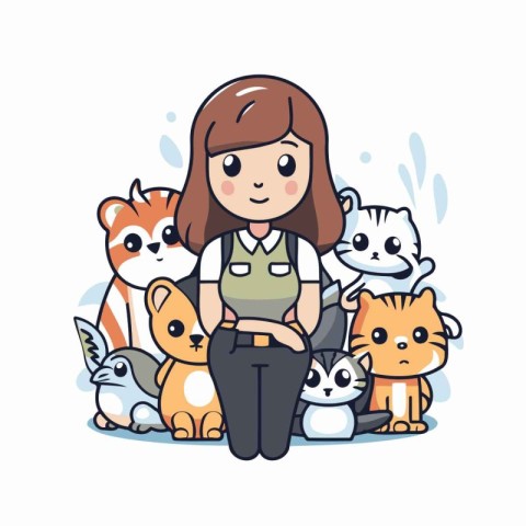 Cute cartoon girl sitting with a group of cats. Vector illustrat