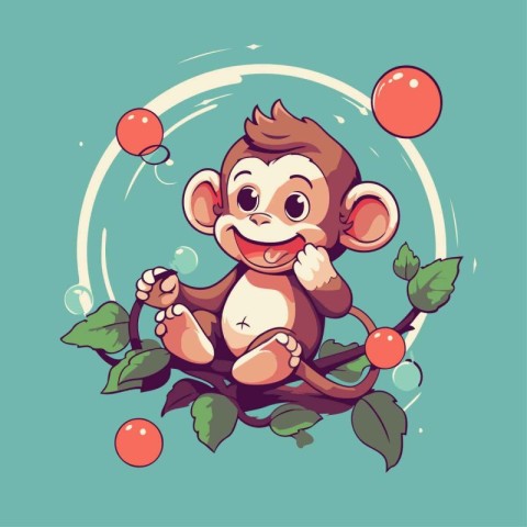 Cute monkey sitting on a branch with red balloons. Vector illust