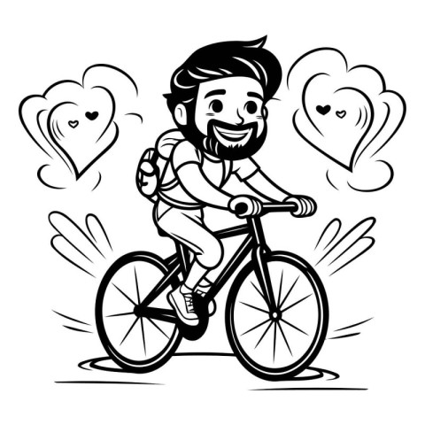 Young man riding a bicycle. Vector illustration. Monochrome.