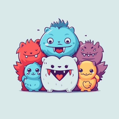 Cute cartoon monsters. Vector illustration of a group of funny m