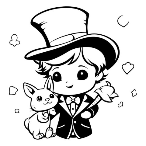 Black and White Cartoon Illustration of Cute Little Boy Magician