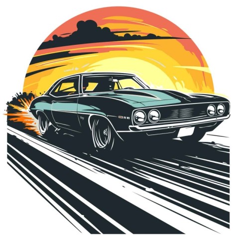 Classic car on the road at sunset. Vector illustration in retro