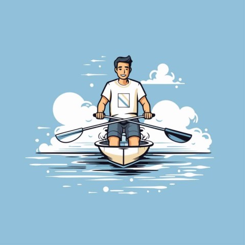 Man rowing on a boat in the sea. Vector illustration.