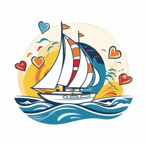 Sailing ship in the sea. Vector illustration in cartoon style.