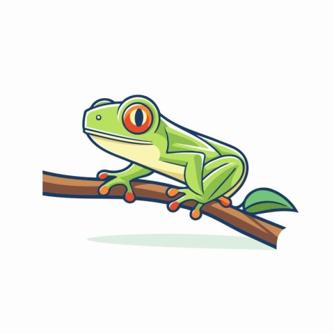 Cartoon green tree frog sitting on a branch. Vector illustration