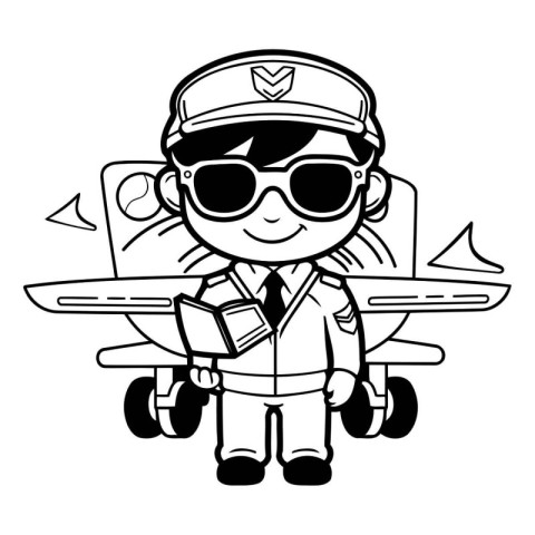 Black and White Cartoon Illustration of Pilot Pilot Character Co