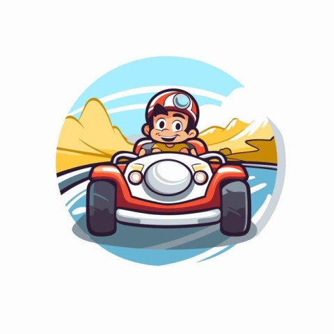 Cute little boy driving a race car. Vector illustration in carto