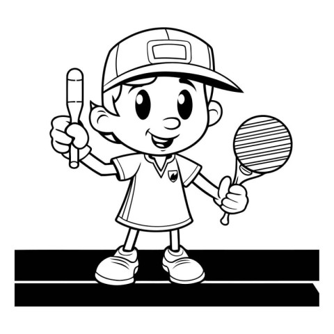 Cute Little Boy Playing Tennis - Black and White Cartoon Illustr