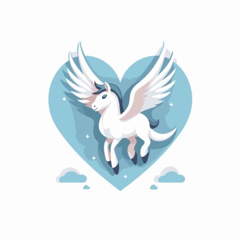 White horse with wings and heart. Vector illustration in flat st