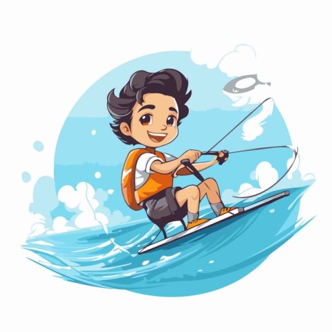 Kitesurfing. Boy on the water. Vector illustration.