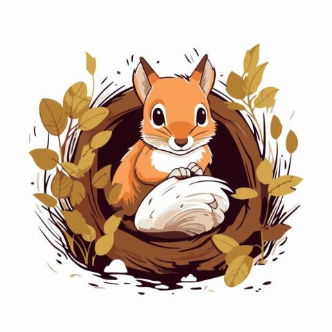 Cute fox sitting in a nest of leaves. Vector illustration.