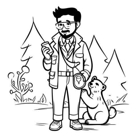 Black and White Cartoon Illustration of Hipster Man with Dog in